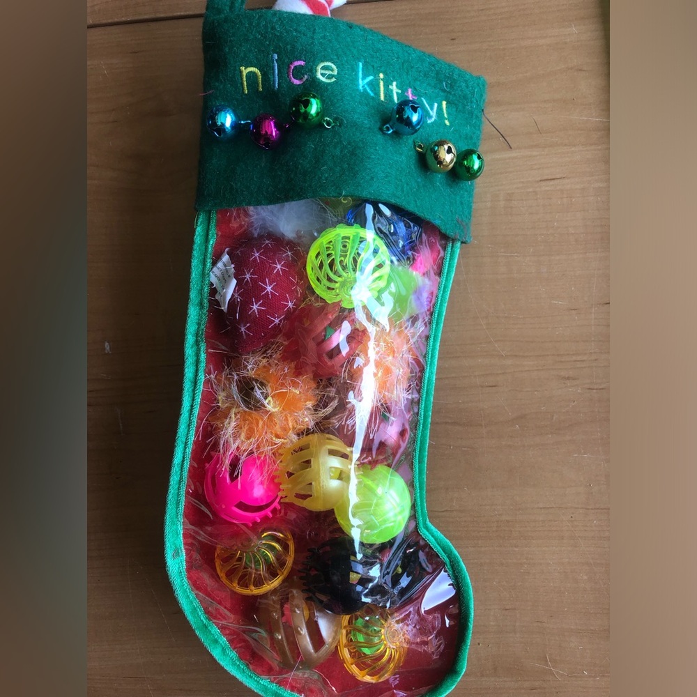 Green 'Nice Kitty!' Cat Toy Stocking with Neon Toy Mix